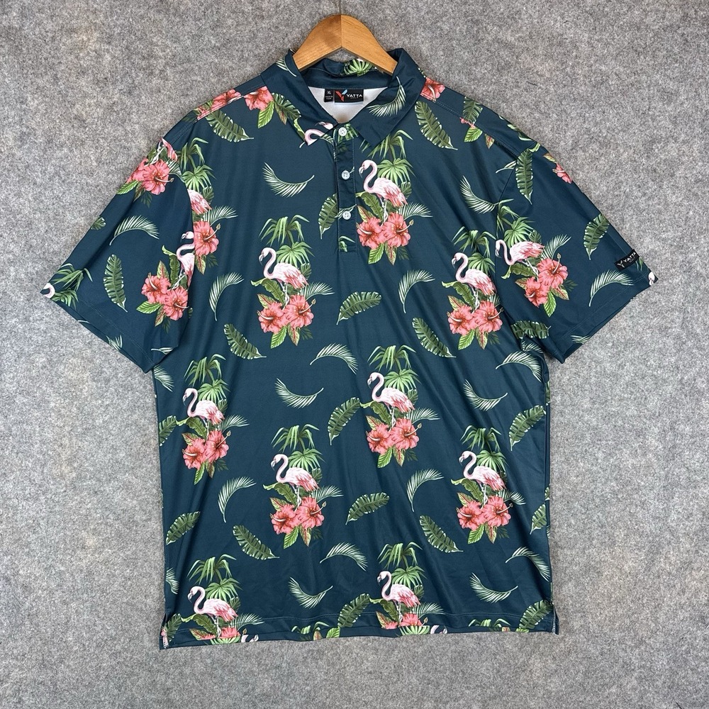 Yatta Golf Polo Shirt Mens XL Flamingo Floral Print Performance Stretch Tropical